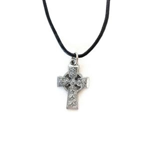 Celtic Cross Silver Pendant Necklace w Black Cord